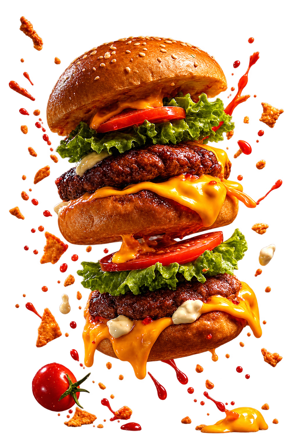 EMBER double smash burger stacked with melted cheese, tomato and lettuce, cut-out on a transparent background with sauce splatter